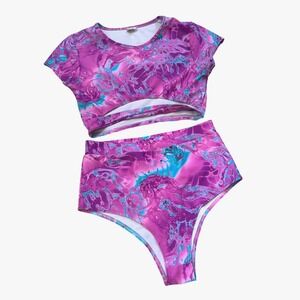 iHeartRaves Beach Maximalist Tropical 2 Piece Swimsuit Matching Set Pink Small
